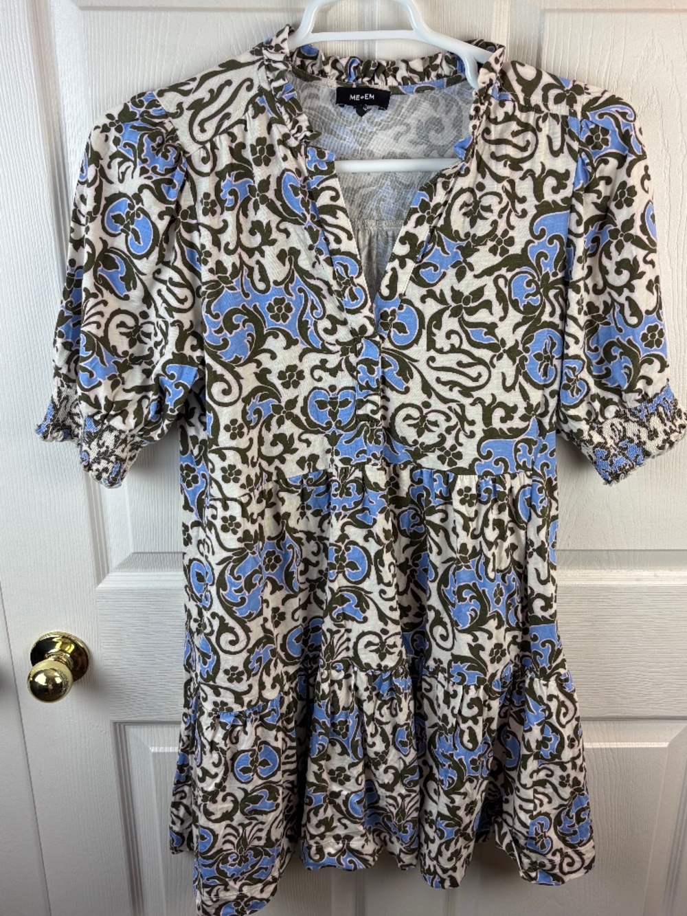 ME+EM Short Puff Sleeve Batik Print Dress